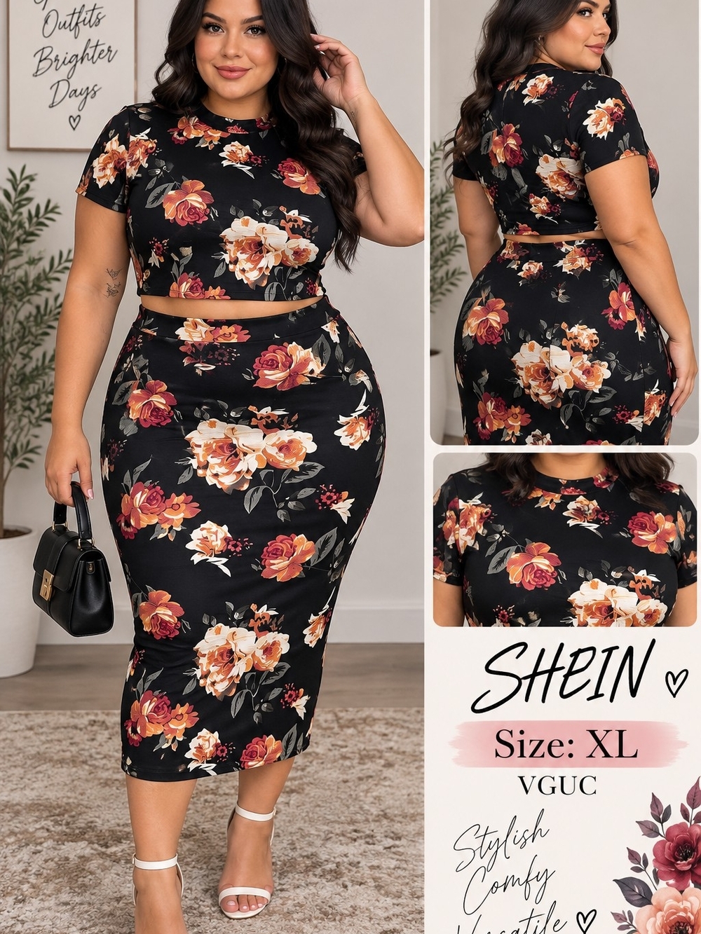 SHEIN Black Floral Midi Skirt with Rust & Cream Blooms